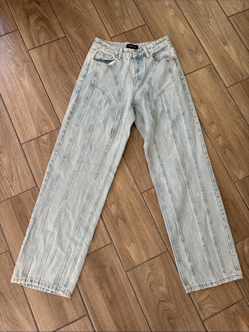 White Fox high Rise straight Leg paneled Denim Blue Jeans Light Wash Size Small